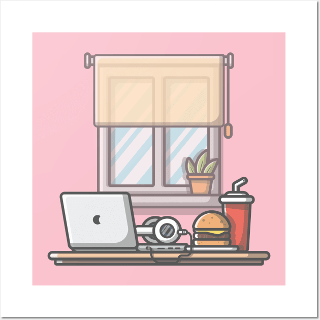 Laptop with breakfast cartoon Wall Art by Catalyst Labs